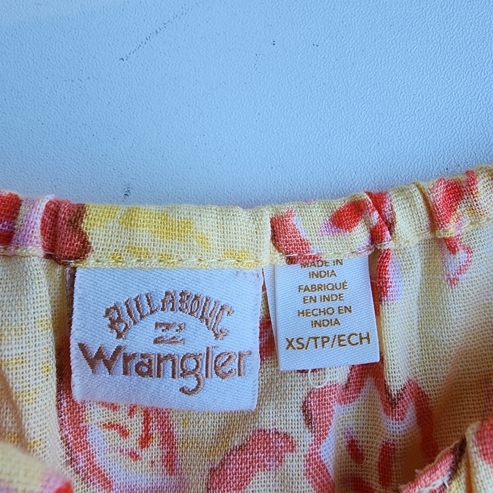 Billabong x Wrangler Dress Yellow Orange Linen Mini Floral Puff Sleeve Button XS - Picture 11 of 12